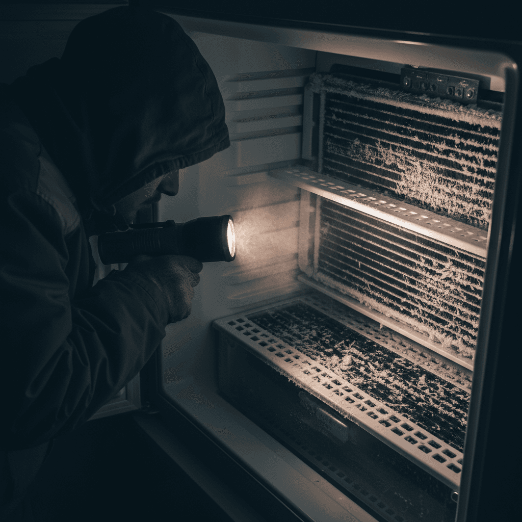 Freezer repair technician inspecting frost buildup and cooling coils