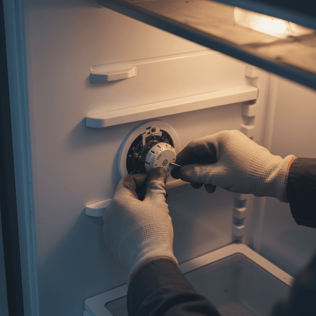 Refrigerator repair technician adjusting interior components