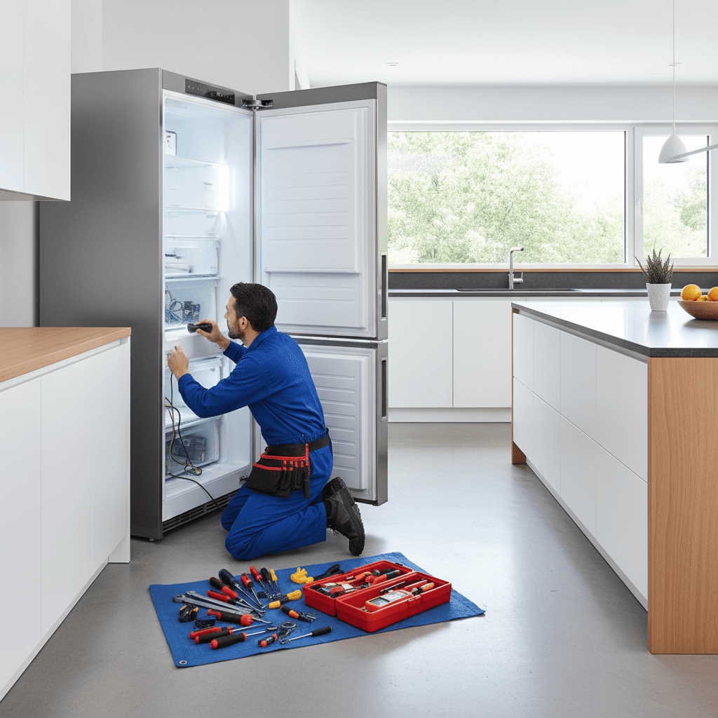 Refrigerator repair in a kitchen