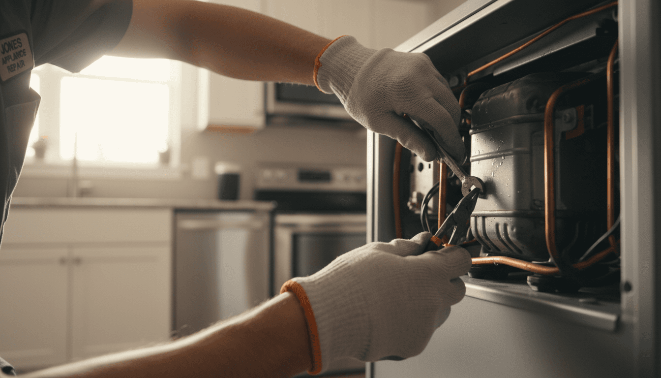 Appliance technician repairing refrigerator compressor with precision tools