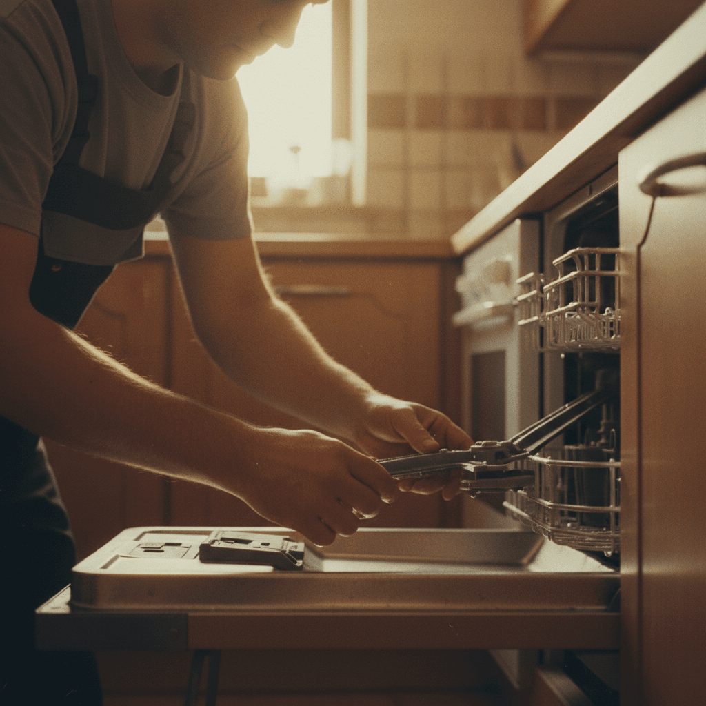 Dishwasher repair technician accessing internal spray arm mechanism