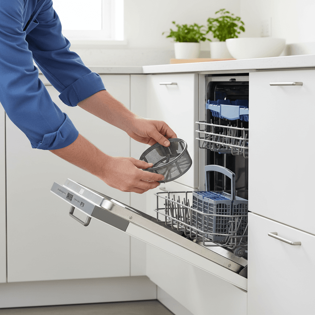 Technician removing dishwasher filter for cleaning
