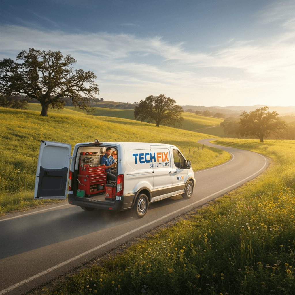 Technician driving to a rural home