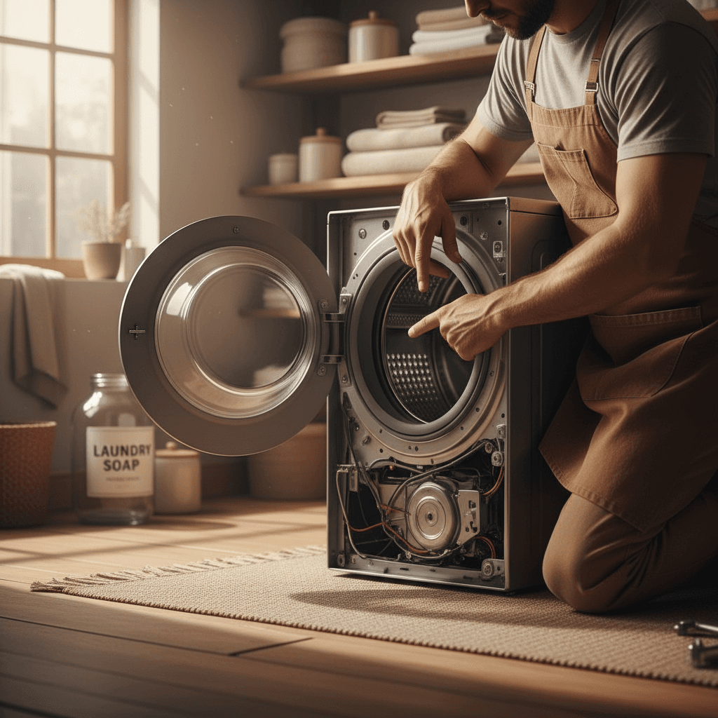 Technician inspecting washer drum components