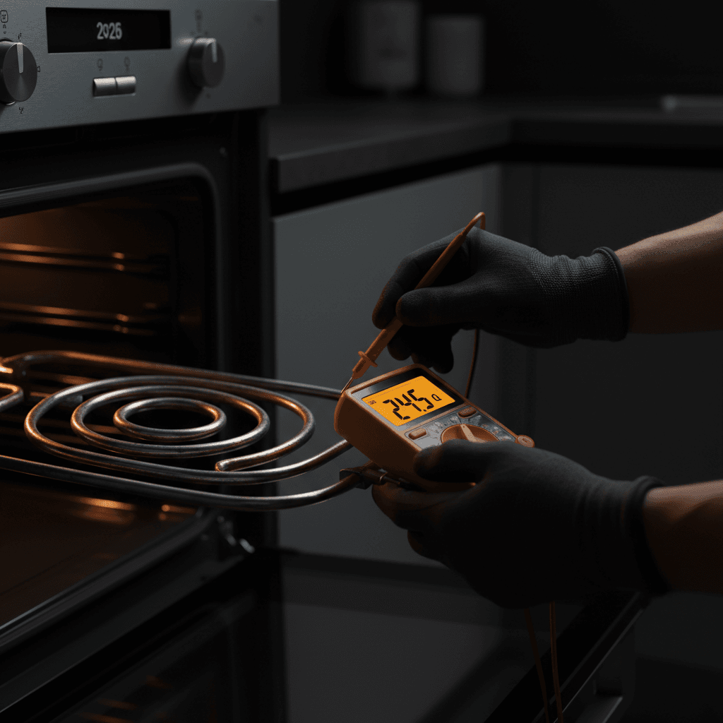 Technician testing oven heating element with multimeter