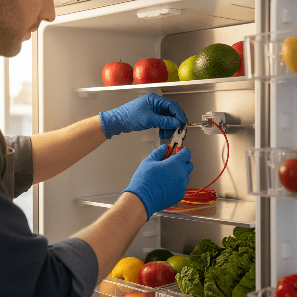 Technician repairing refrigerator interior