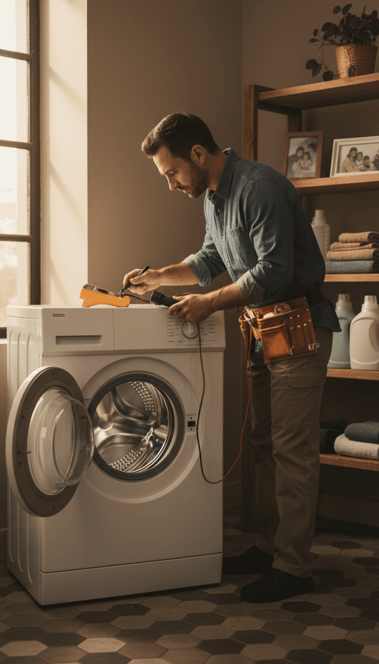 Technician inspecting washing machine in home