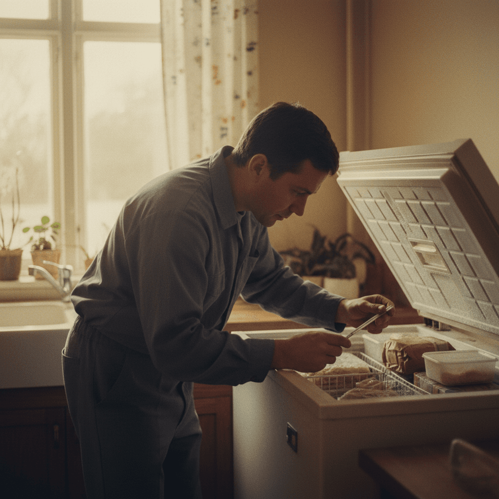 Technician measuring freezer temperature during repair