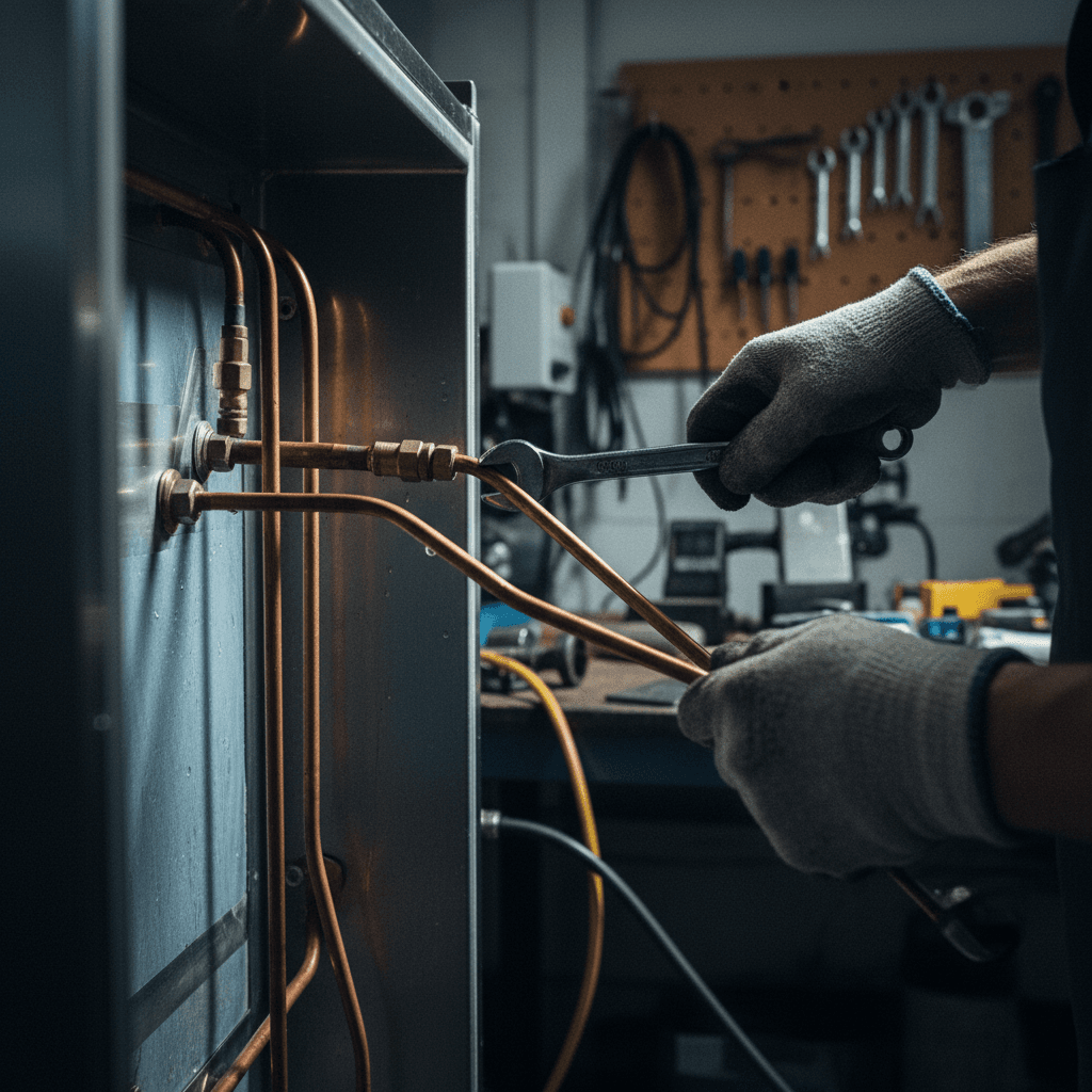 Technician repairing refrigerator cooling lines
