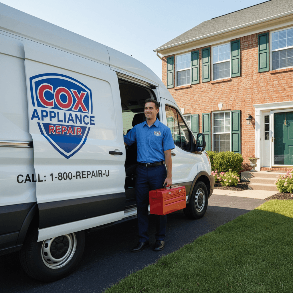 Cox Appliance Repair van and technician arriving at a home for emergency repair