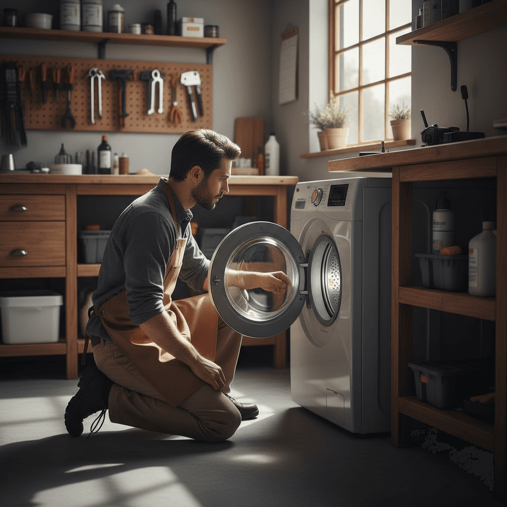 Washer repair technician inspecting washing machine drum