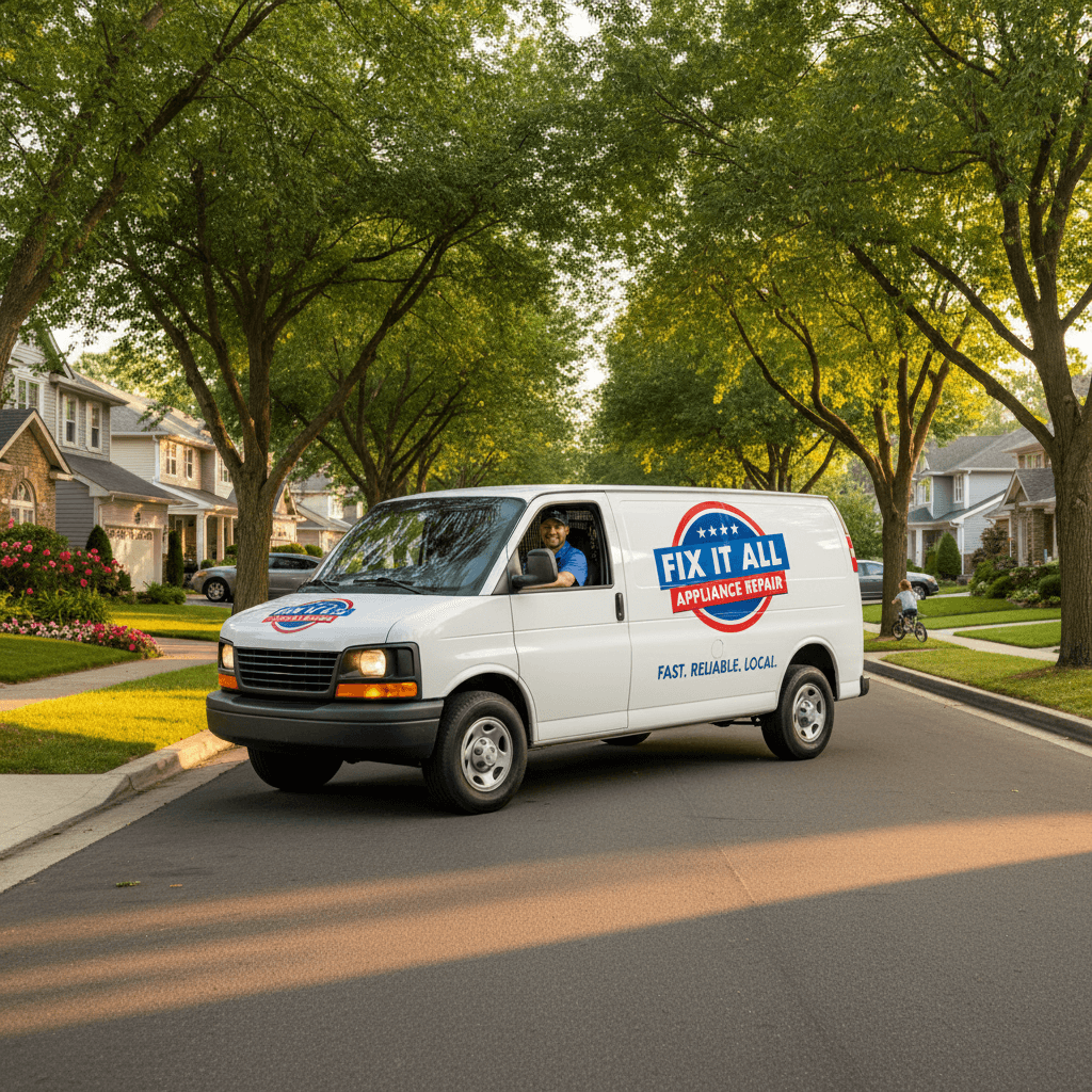 Appliance repair van on a residential street
