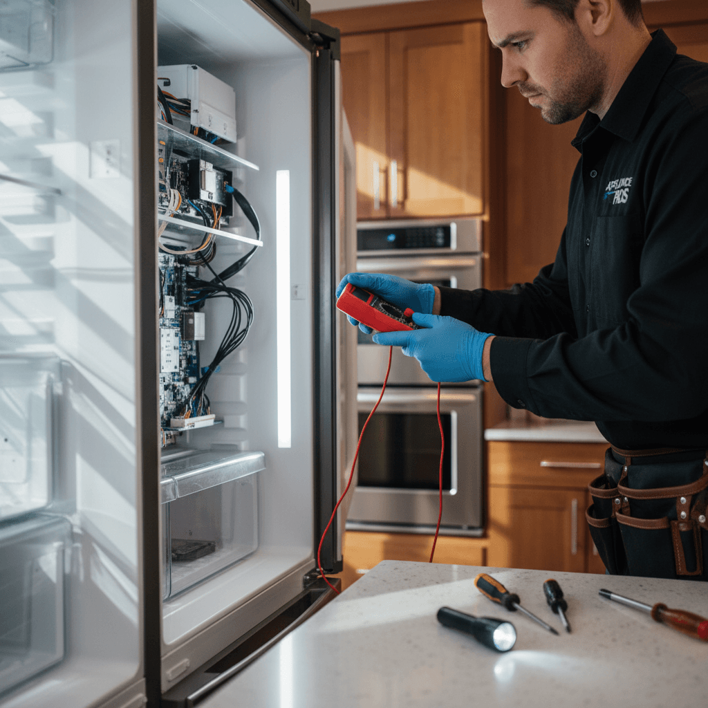 Technician removing refrigerator door seal during repair