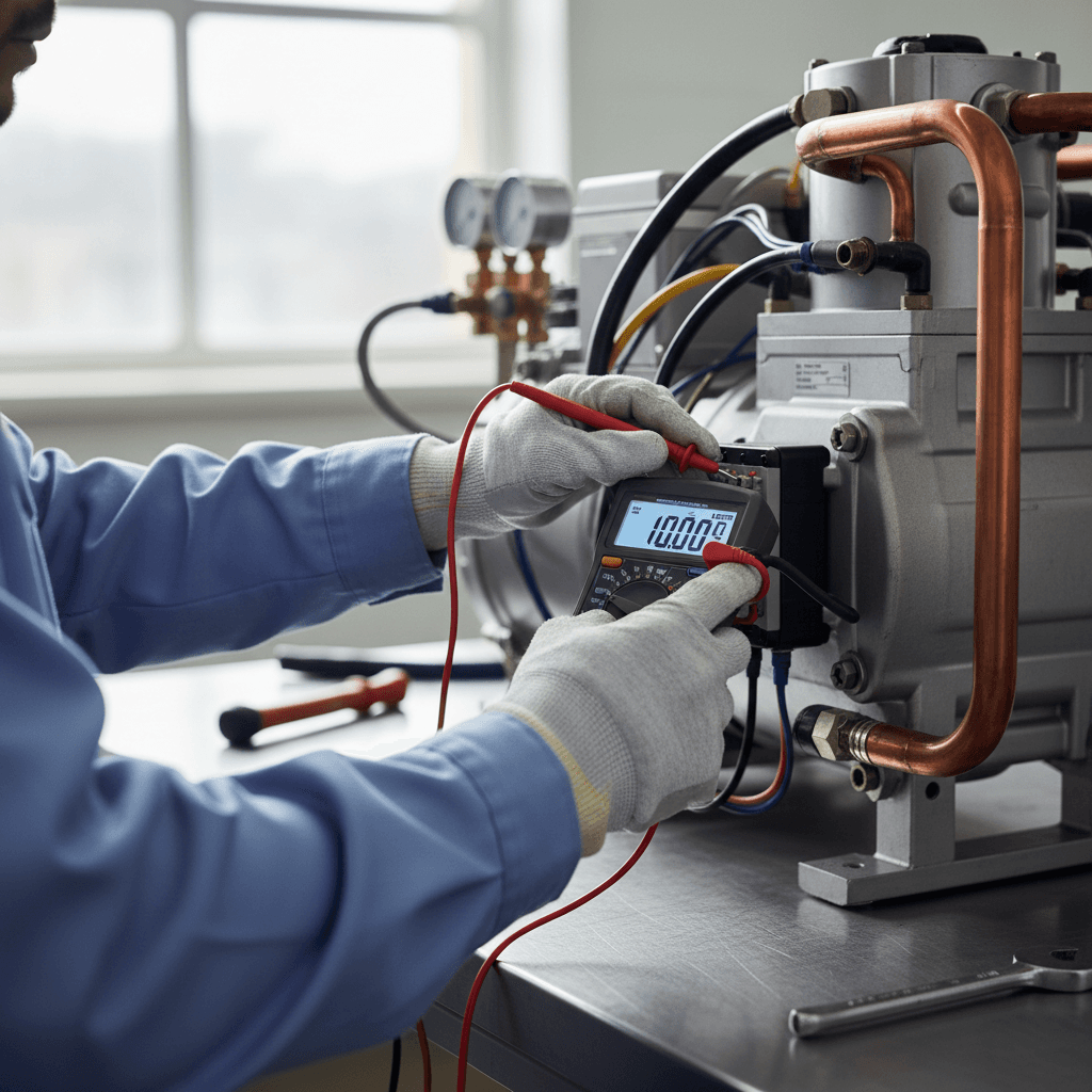 Freezer compressor and refrigerant lines being tested with gauges