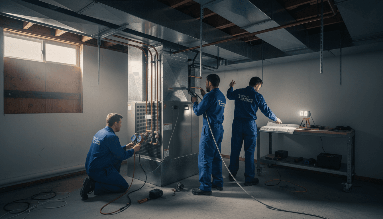 Multiple HVAC technicians in uniforms installing air handler unit and ductwork in residential mechanical room with professional equipment