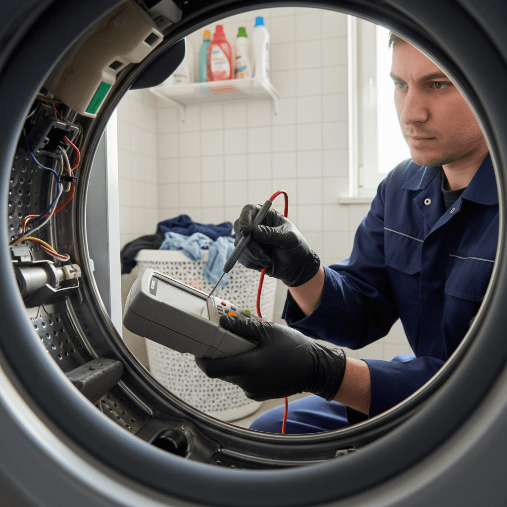 Interior of washing machine being inspected for drum damage