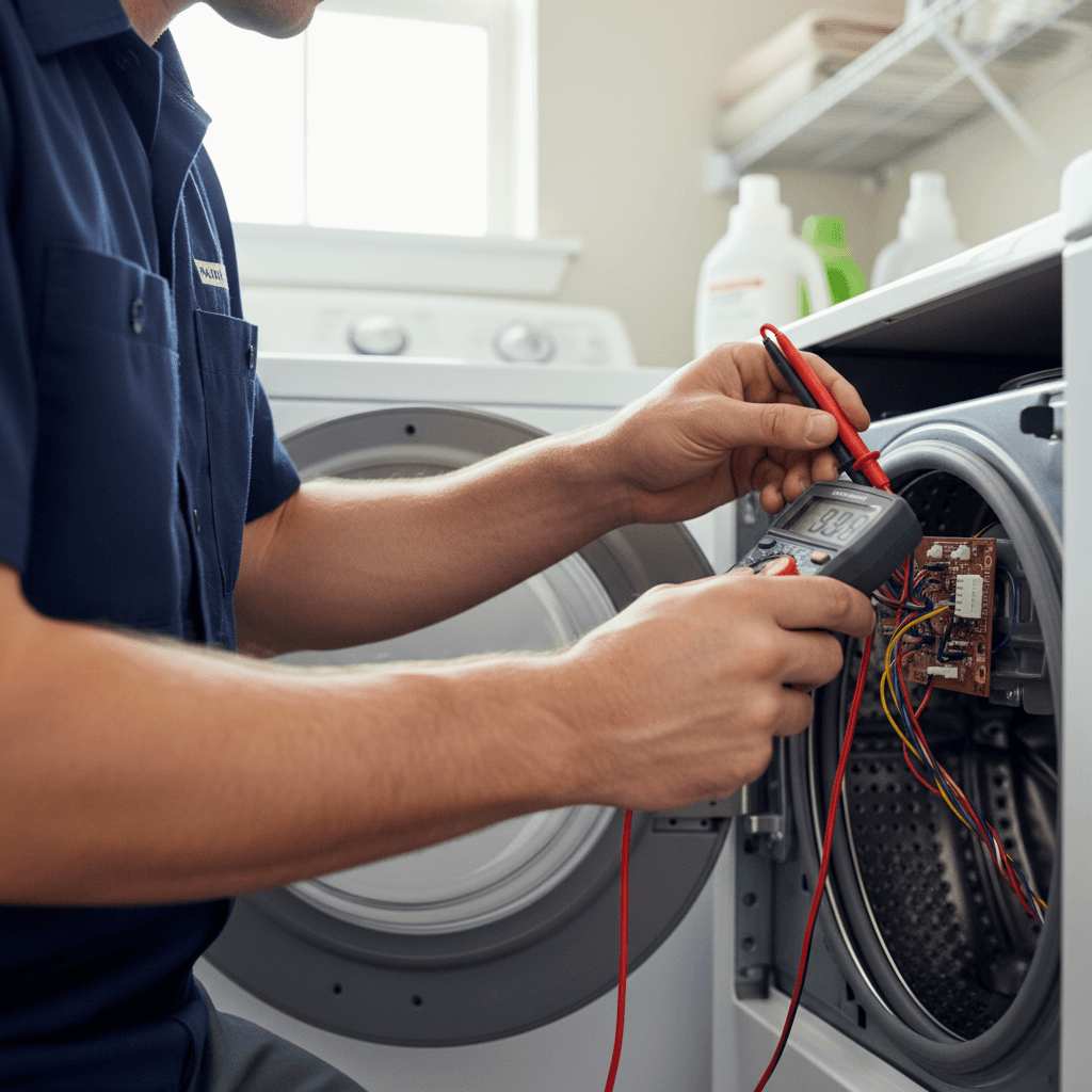 Technician removing dryer front panel for internal inspection